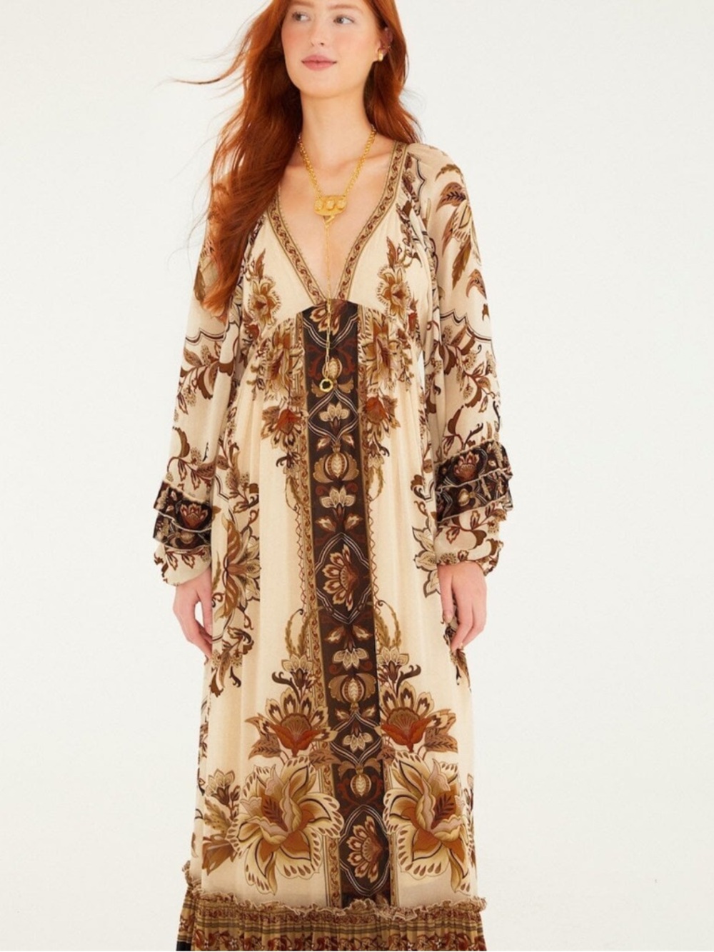 FARM Rio Sand Majestic Garden Ruffled Maxi Dress